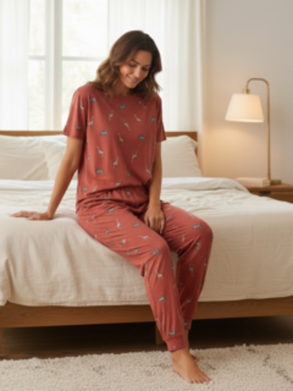 Joyspun Coral 2pc Crew Neck Pajama Set Featuring Zebras/Giraffes Size S